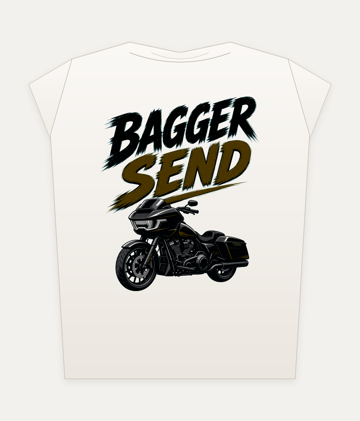 Bagger Send Tee on white heavyweight tee